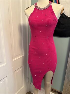 Fuchsia Rhinestone Halter Ribbed Mini Dress